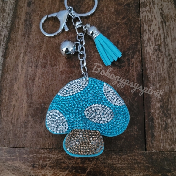🍄Mushroom Crystal Rhinestone Keychain Bag Charm With Blue Tassel - Picture 6 of 11